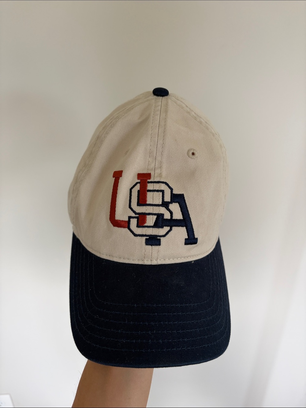 Two-Tone Baseball Cap with USA Embroidered Logo - Cream & Navy